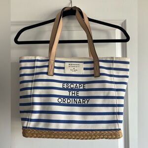Kate Spade Blue and White Striped Tote with Tan Handles